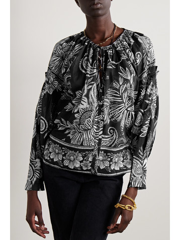 FARM Rio Tie-detailed bead-embellished printed cotton-voile blouse