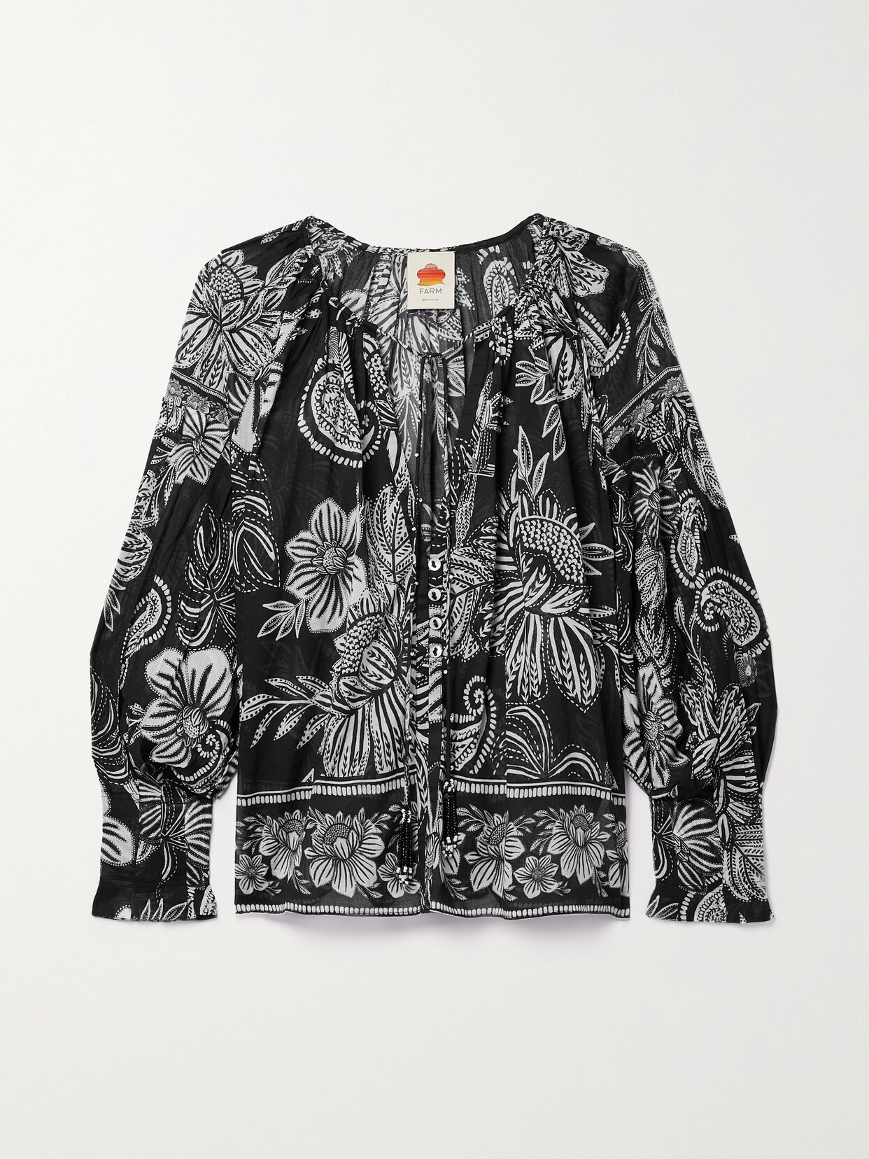 Shop Farm Rio Tie-detailed Bead-embellished Printed Cotton-voile Blouse In Black