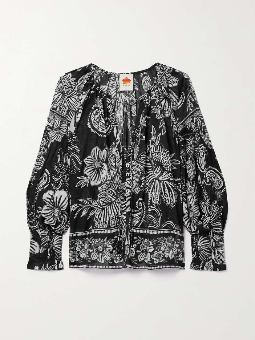 Farm Rio Tie-detailed Bead-embellished Printed Cotton-voile Blouse