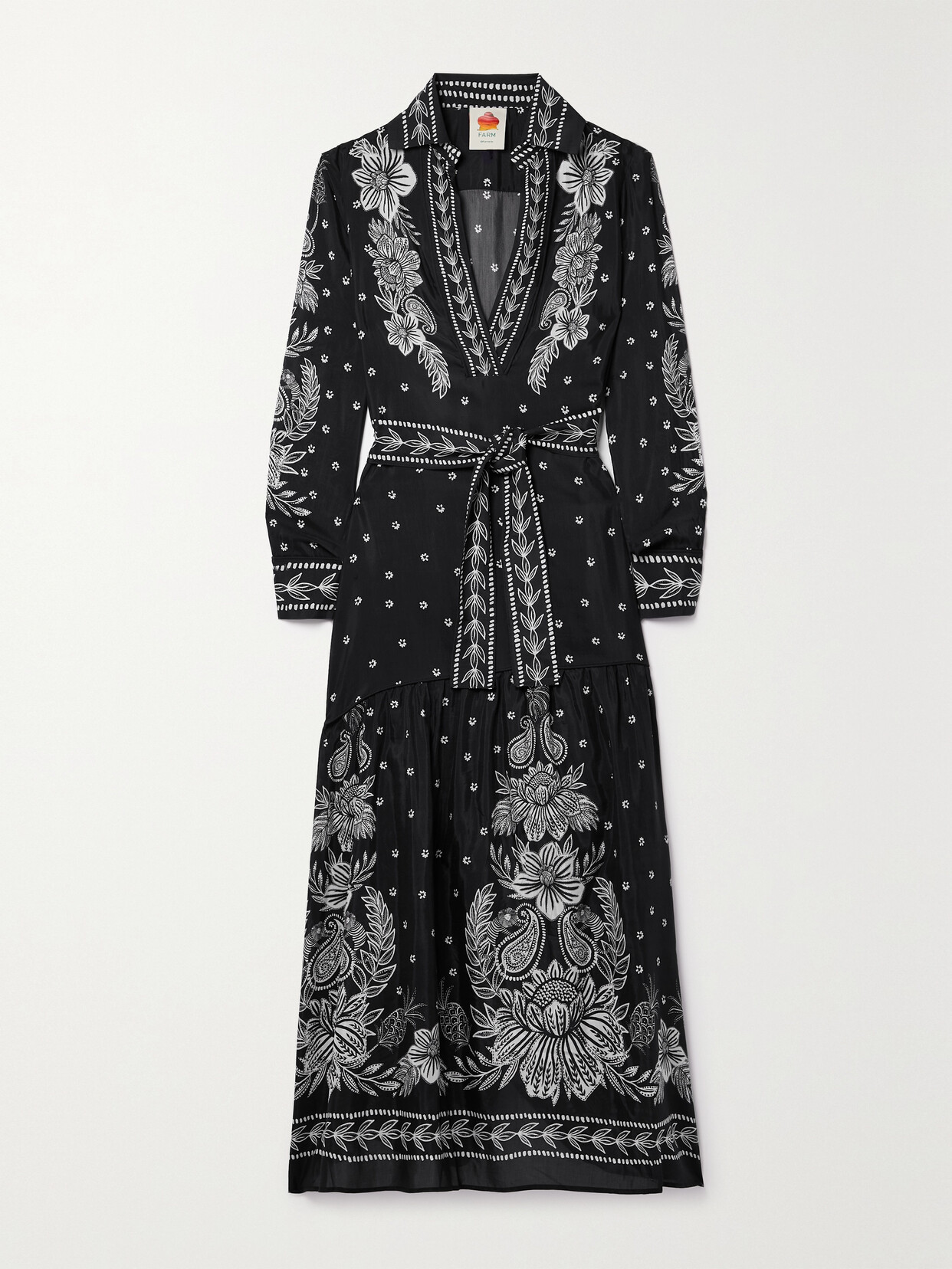 Farm Rio Belted Printed Cotton-blend Maxi Dress - Black