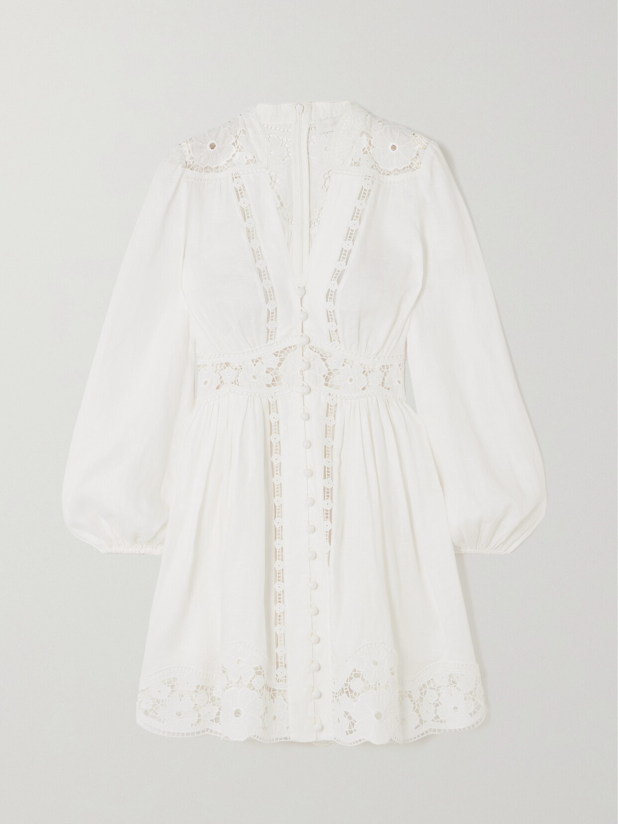 Zimmermann + Net Sustain August Guipure Lace-trimmed Gathered Linen Mini Dress In Ivory
