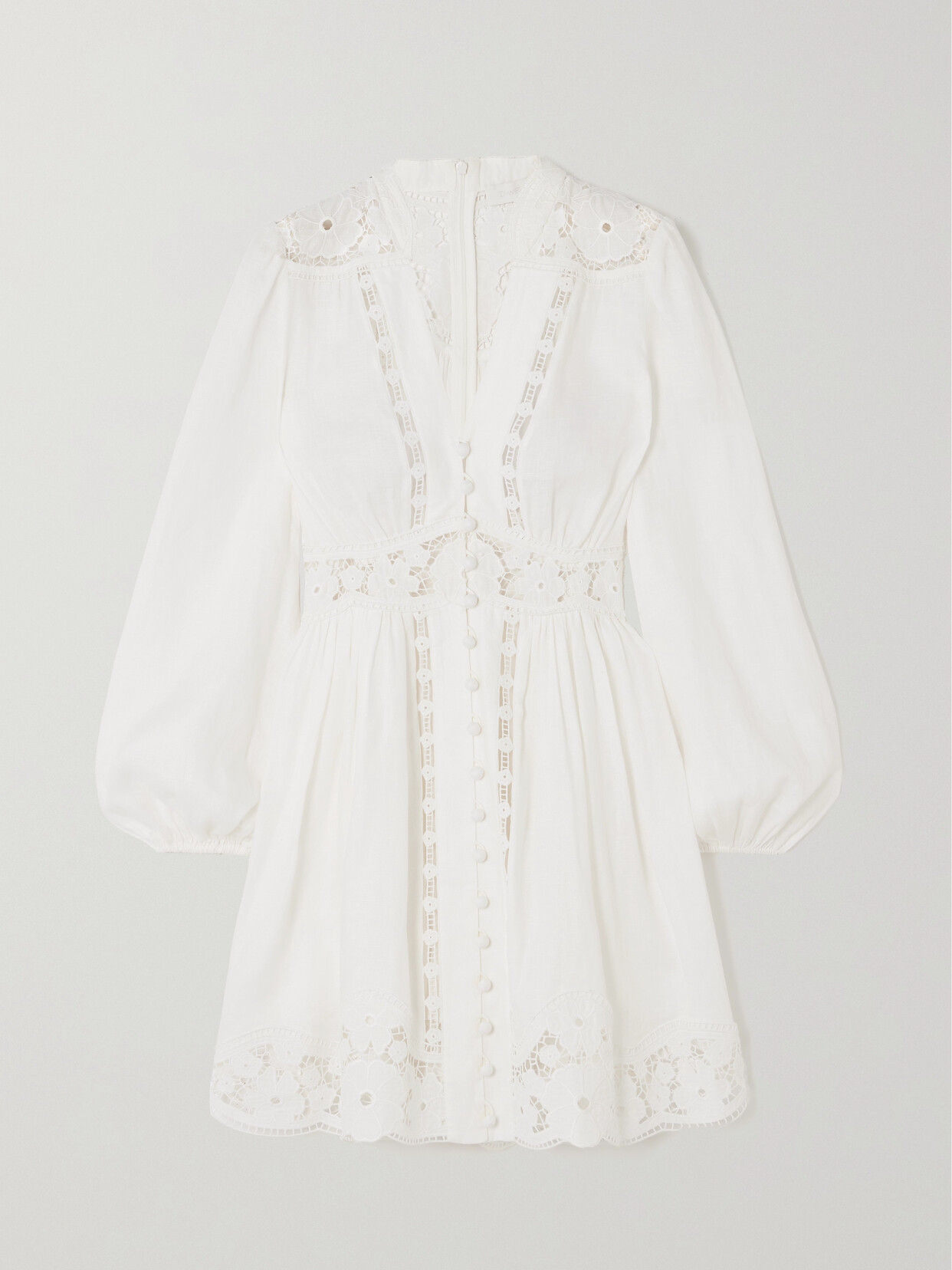 Shop Zimmermann + Net Sustain August Guipure Lace-trimmed Gathered Linen Mini Dress In Ivory