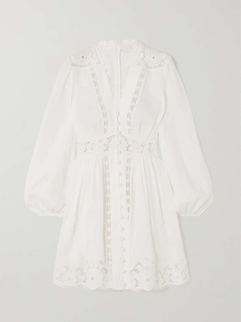 Zimmermann + Net Sustain August Guipure Lace-trimmed Gathered Linen Mini Dress