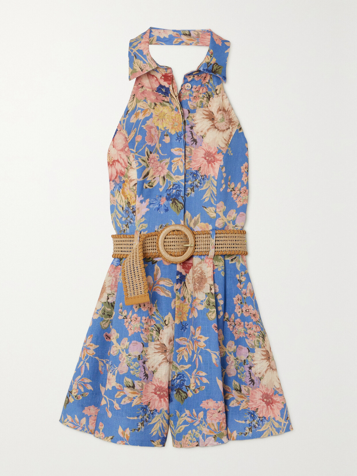 Shop Zimmermann August Belted Floral-print Linen Halterneck Playsuit In Blue