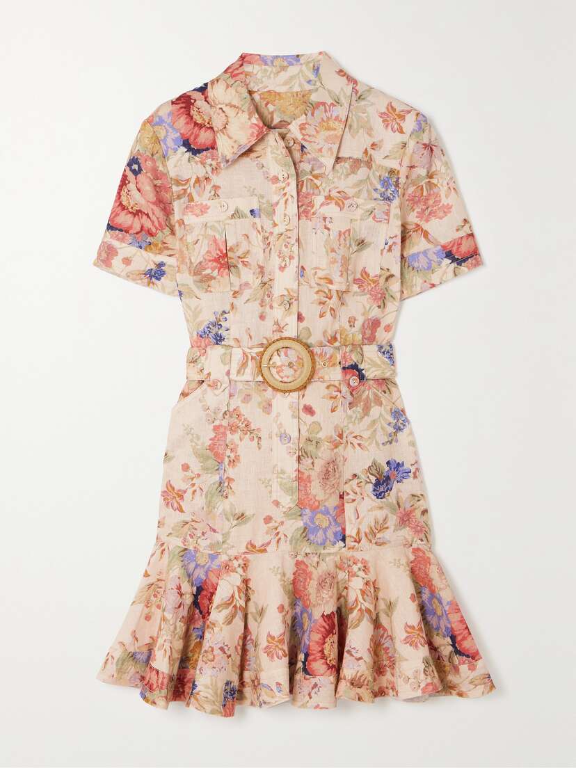 Zimmermann August Belted Ruffled Floral-print Linen Mini Dress
