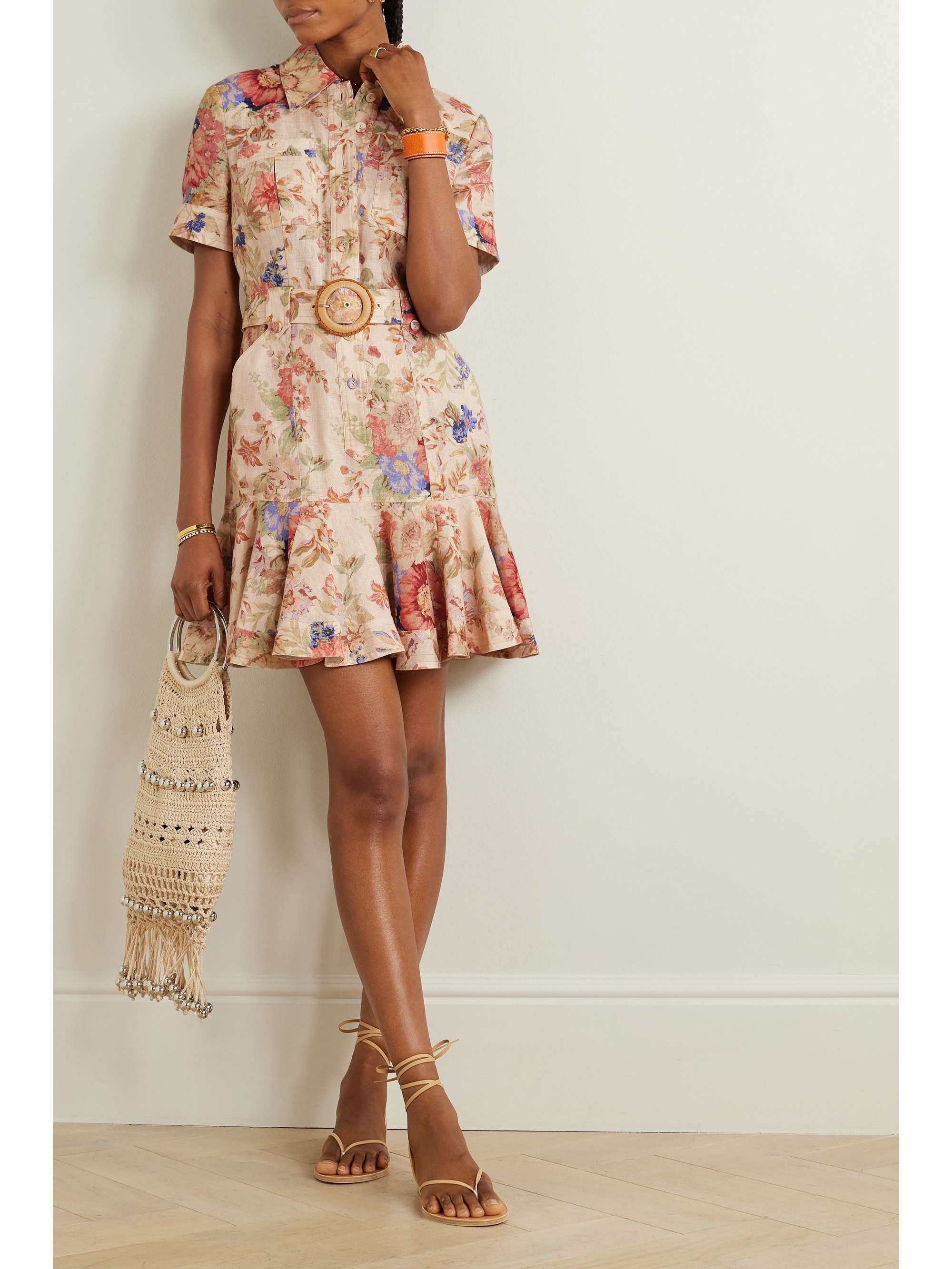 ZIMMERMANN August belted ruffled floral-print linen mini