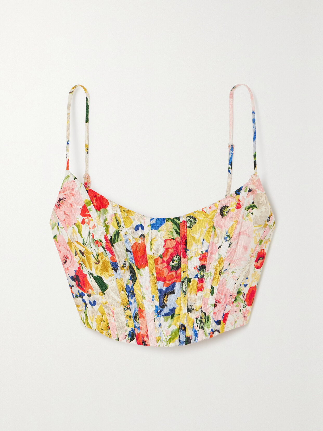 Zimmermann + Net Sustain Alight Cropped Shirred Floral-print Linen Bustier Top - Blue