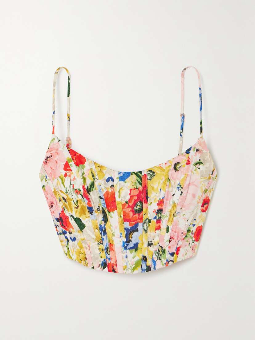Zimmermann + Net Sustain Alight Cropped Shirred Floral-print Linen Bustier Top