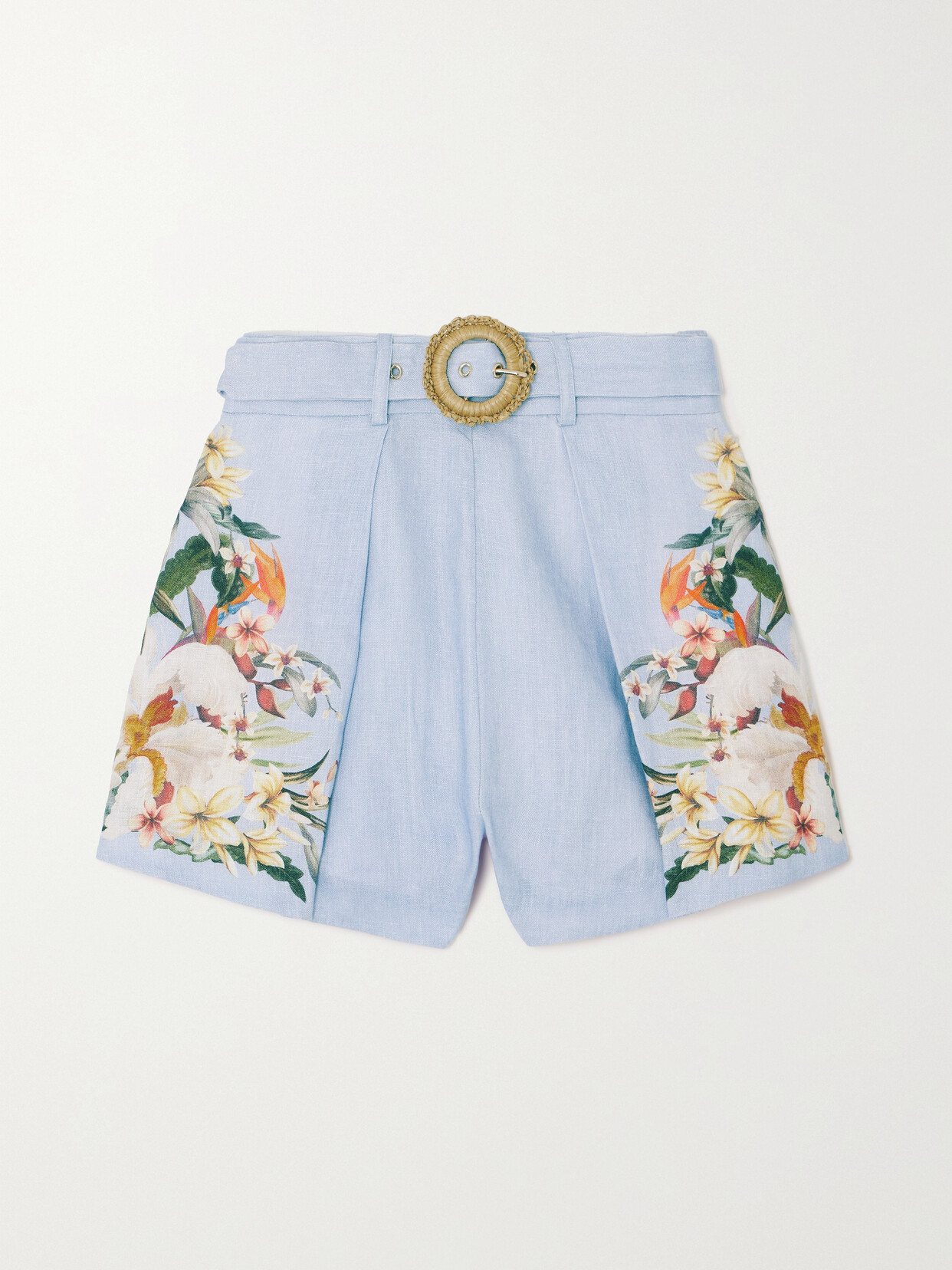 Zimmermann Lexi Belted Floral-print Linen Shorts In Blue Palm
