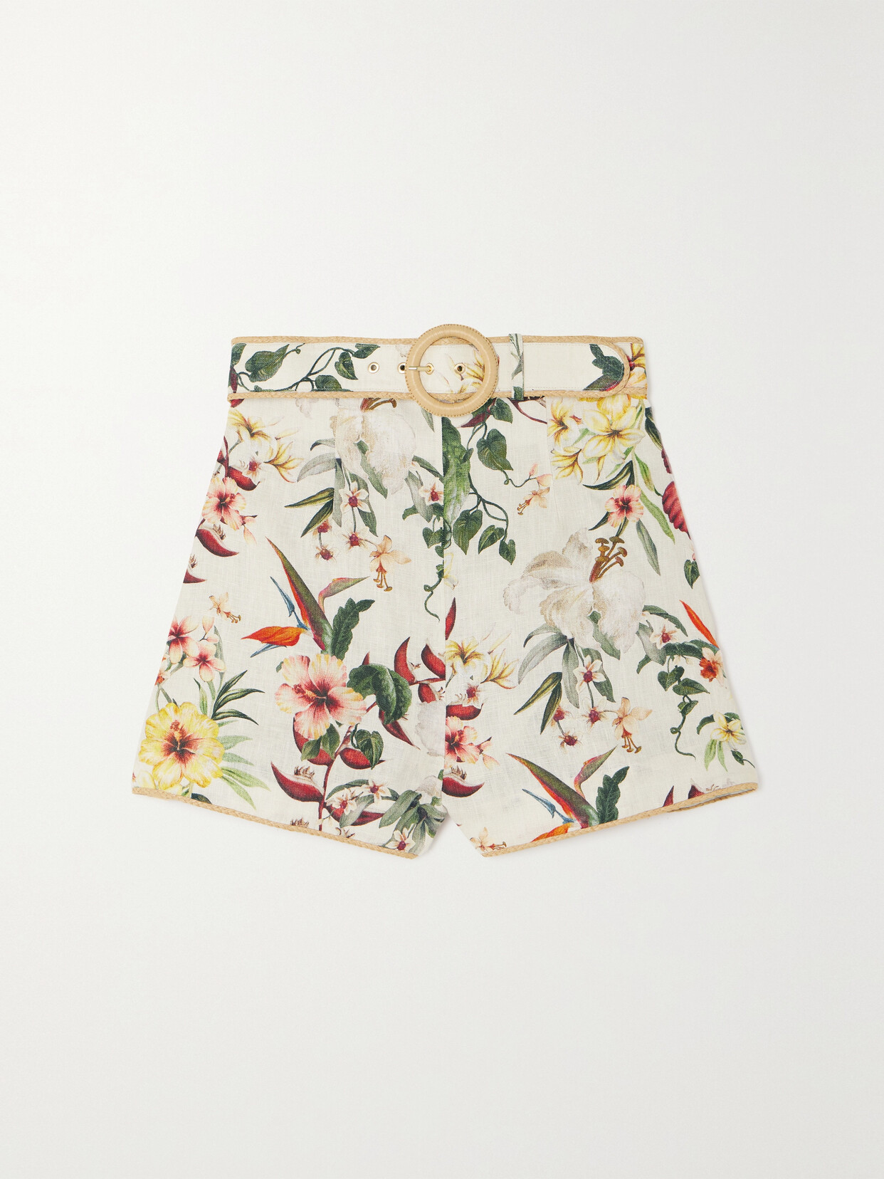 Zimmermann + Net Sustain Lexi Raffia-trimmed Belted Printed Linen Shorts - Ivory