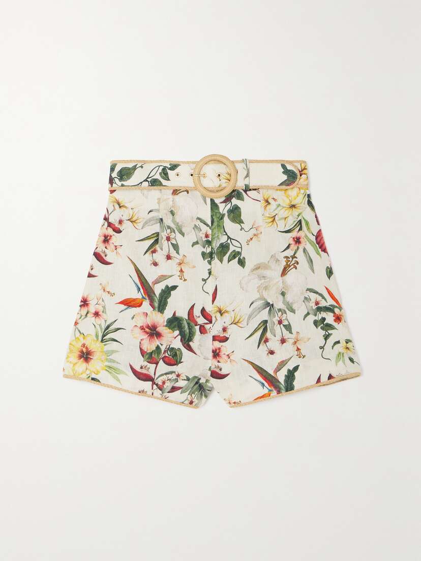 Zimmermann + Net Sustain Lexi Raffia-trimmed Belted Printed Linen Shorts