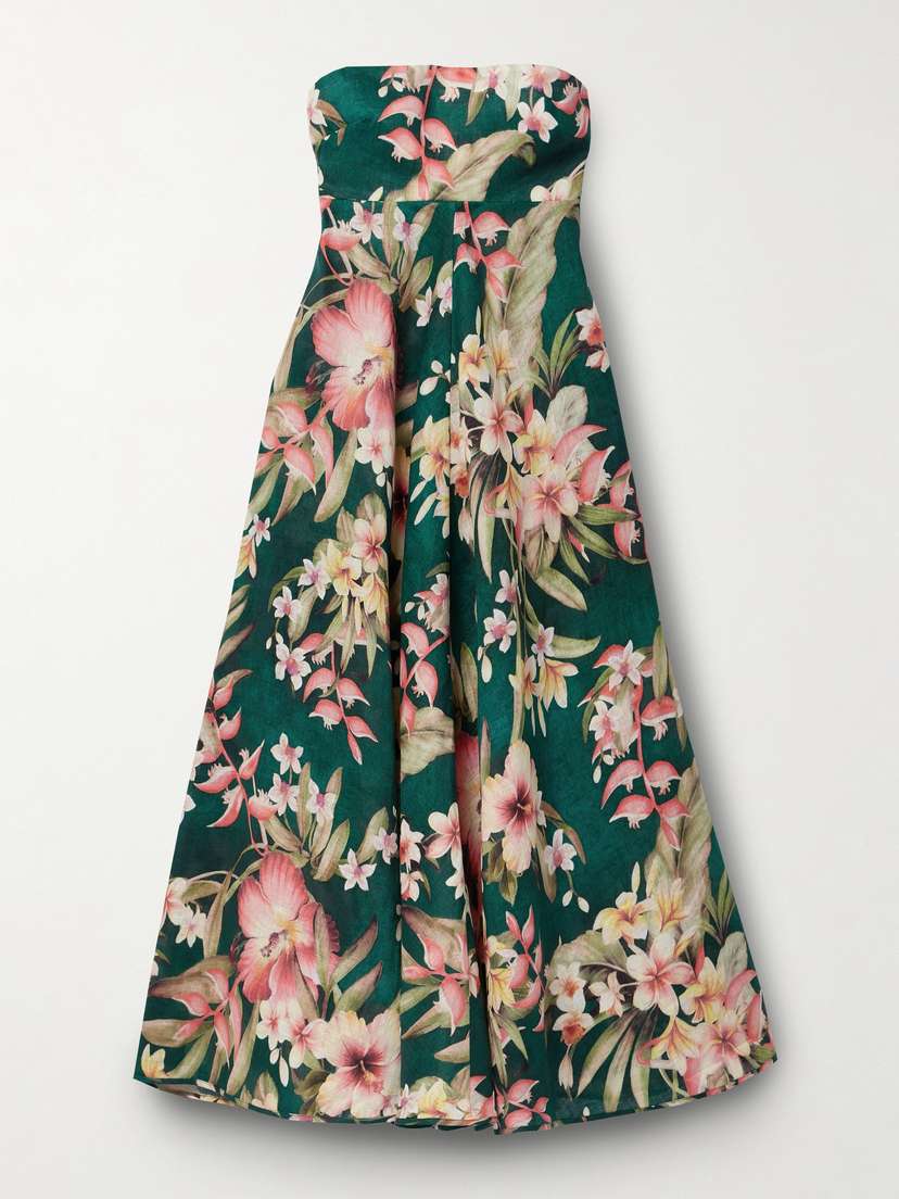 Zimmermann Lexi Strapless Floral-print Linen Midi Dress