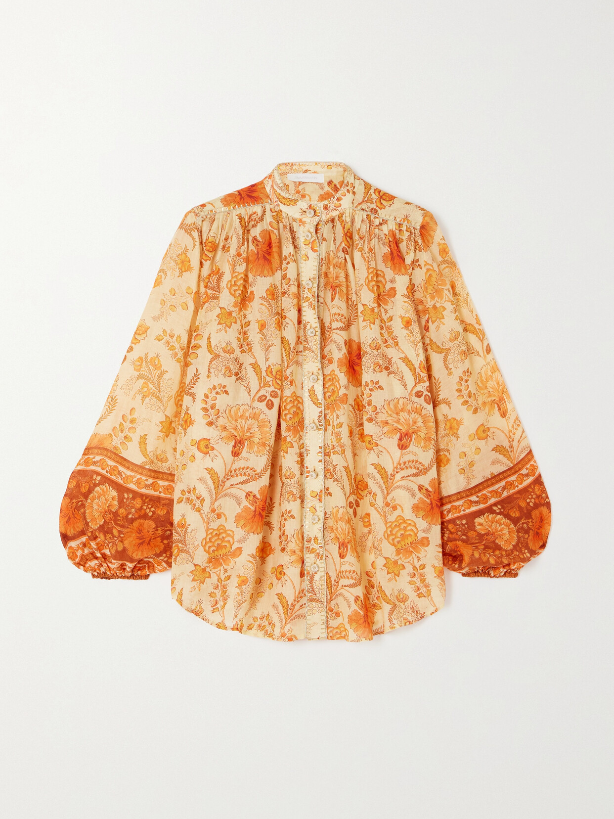 ZIMMERMANN JUNIE GATHERED EMBELLISHED FLORAL-PRINT RAMIE BLOUSE