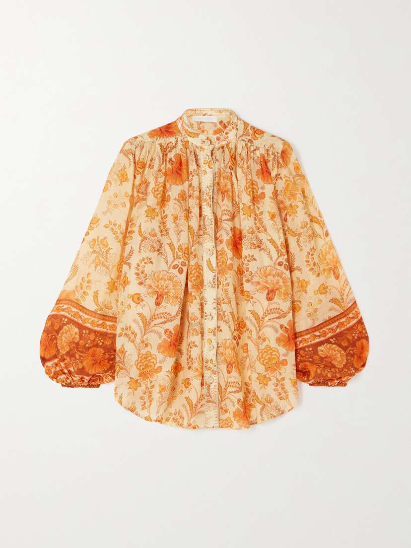 Zimmermann Junie Gathered Embellished Floral-print Ramie Blouse
