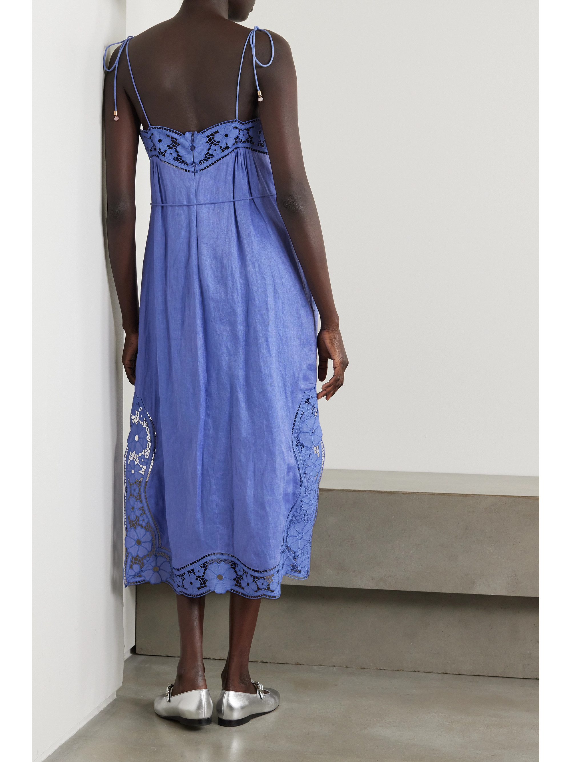 Zimmermann + NET SUSTAIN August belted broderie anglaise-trimmed linen midi dress