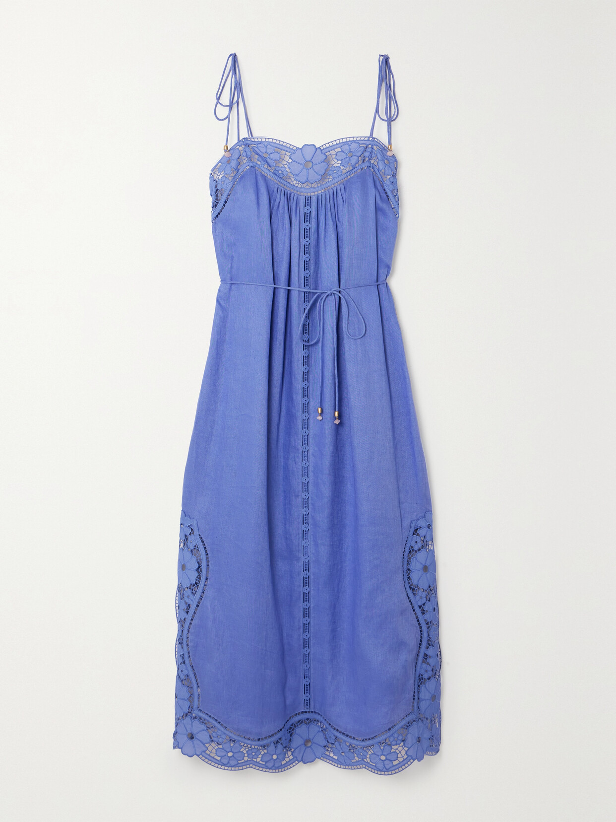 ZIMMERMANN + NET SUSTAIN AUGUST BELTED BRODERIE ANGLAISE-TRIMMED LINEN MIDI DRESS