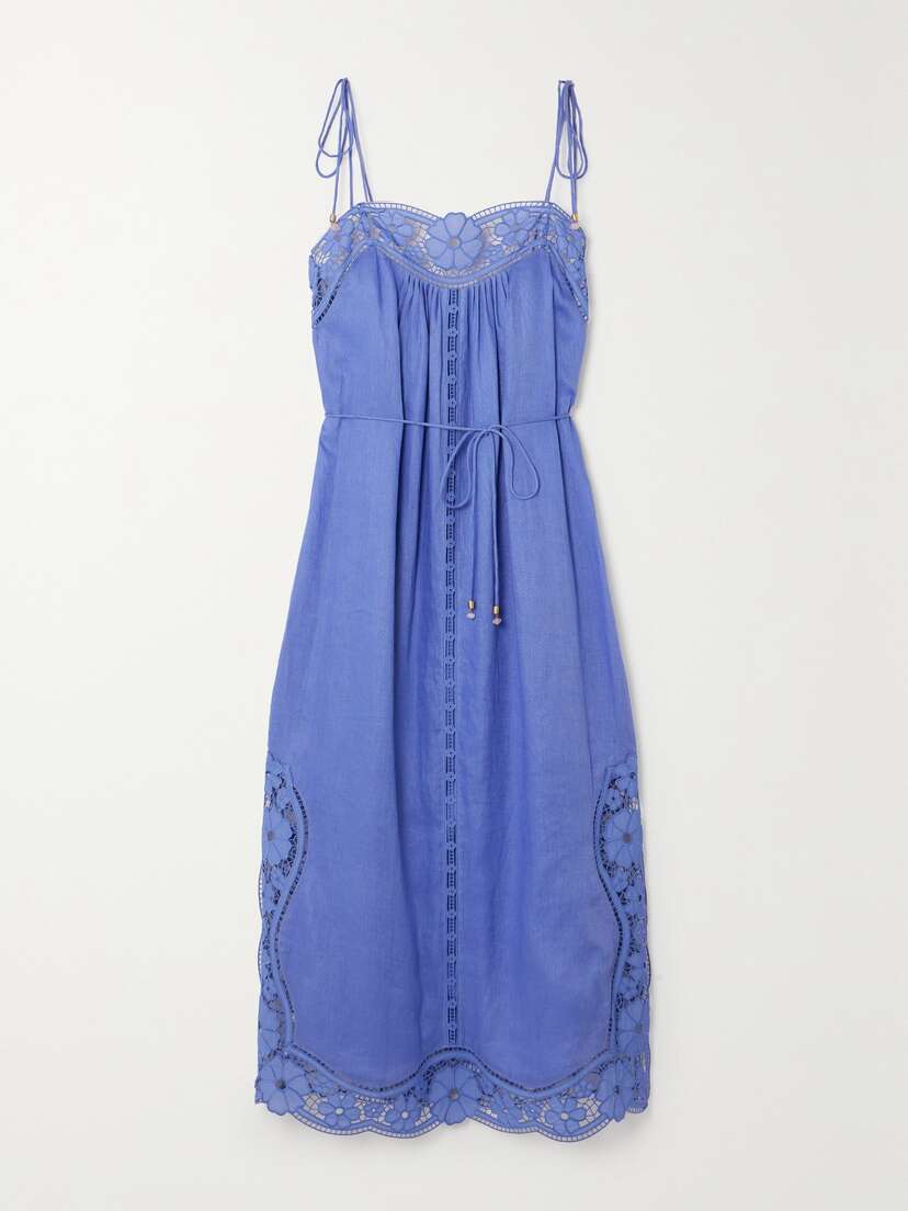 Zimmermann + Net Sustain August Belted Broderie Anglaise-trimmed Linen Midi Dress