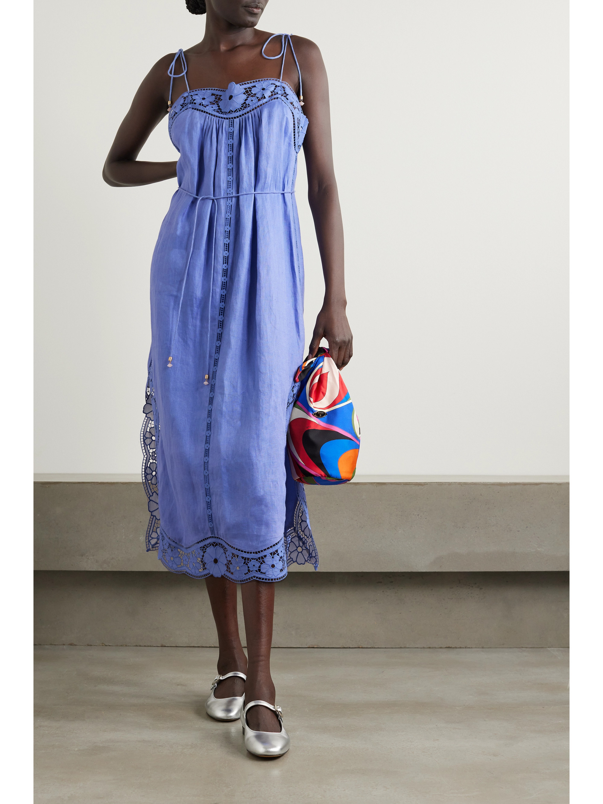 Zimmermann + NET SUSTAIN August belted broderie anglaise-trimmed linen midi dress