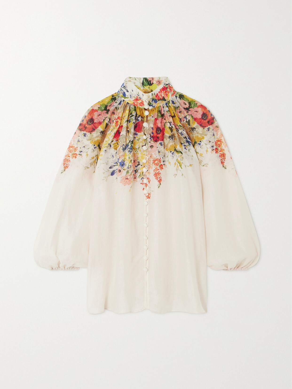 Shop Zimmermann Alight Gathered Floral-print Ramie Blouse In Ivory