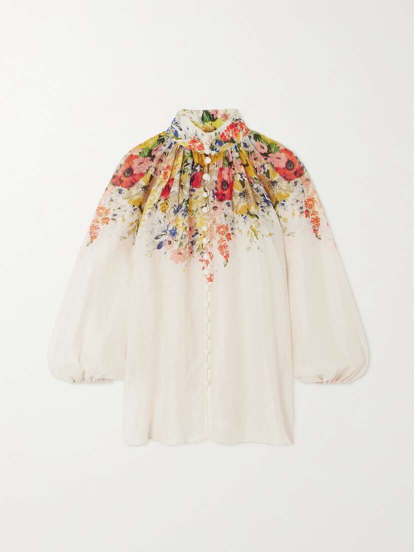 Zimmermann Alight Gathered Floral-print Ramie Blouse