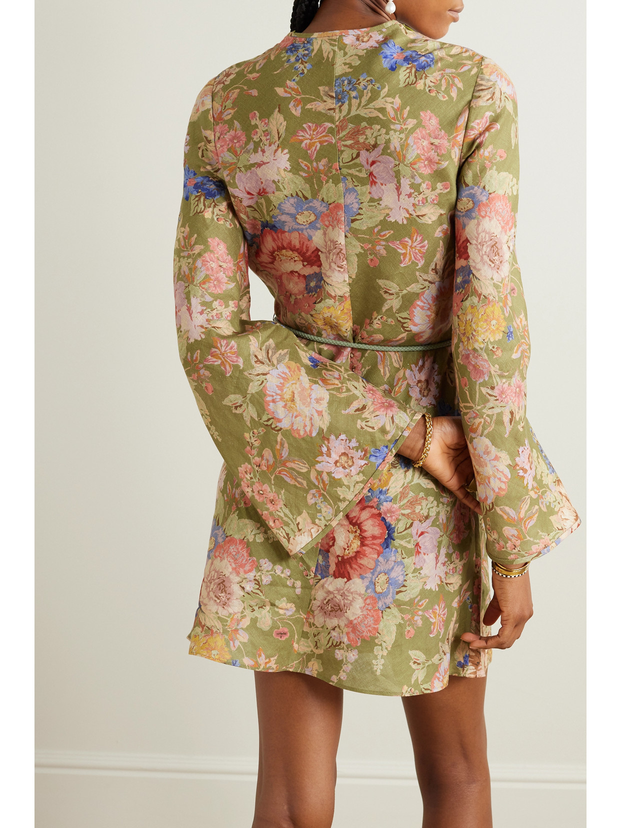 Shop Zimmermann + Net Sustain August Belted Floral-print Linen Mini Dress In Green