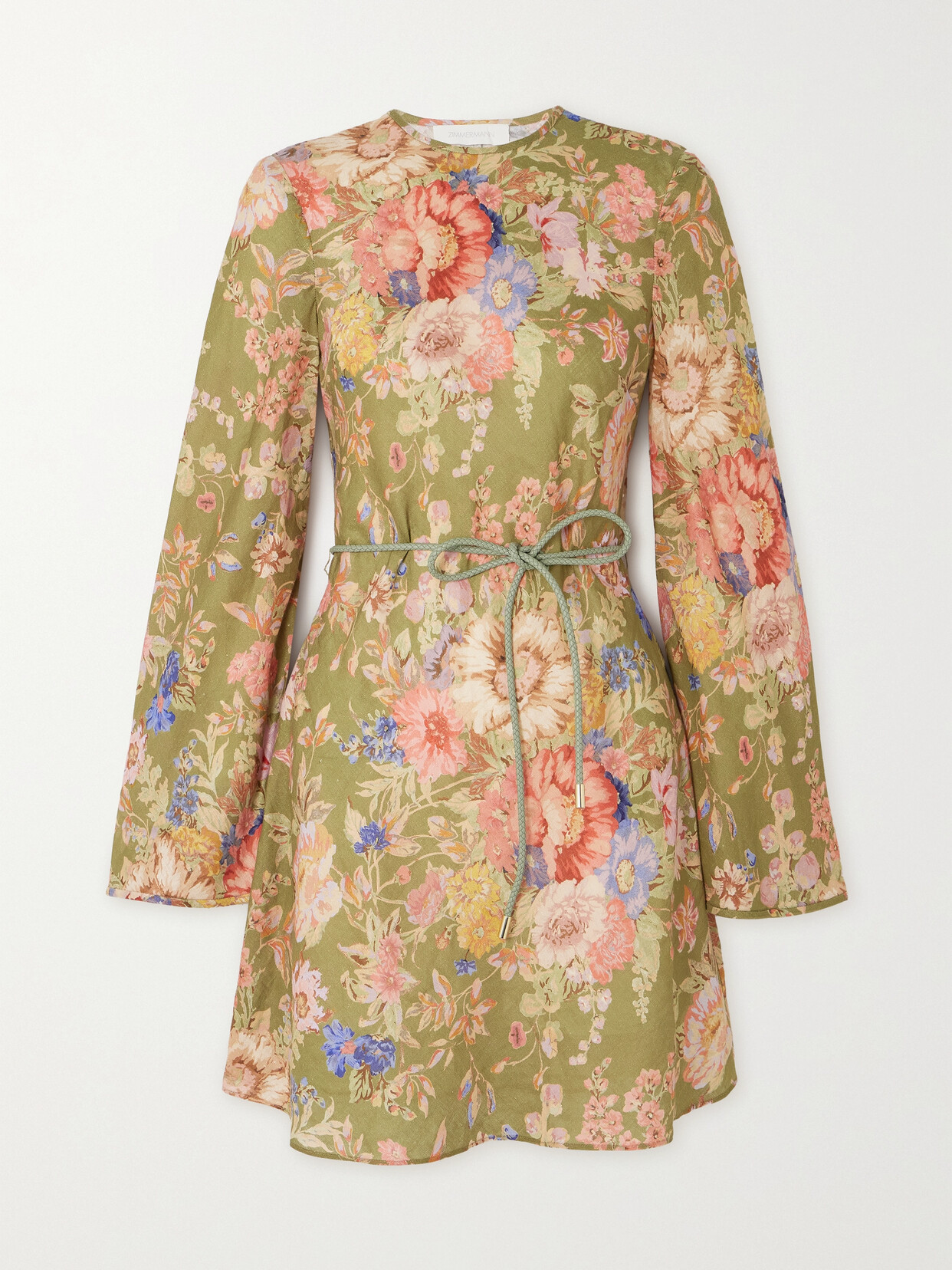 ZIMMERMANN + NET SUSTAIN AUGUST BELTED FLORAL-PRINT LINEN MINI DRESS