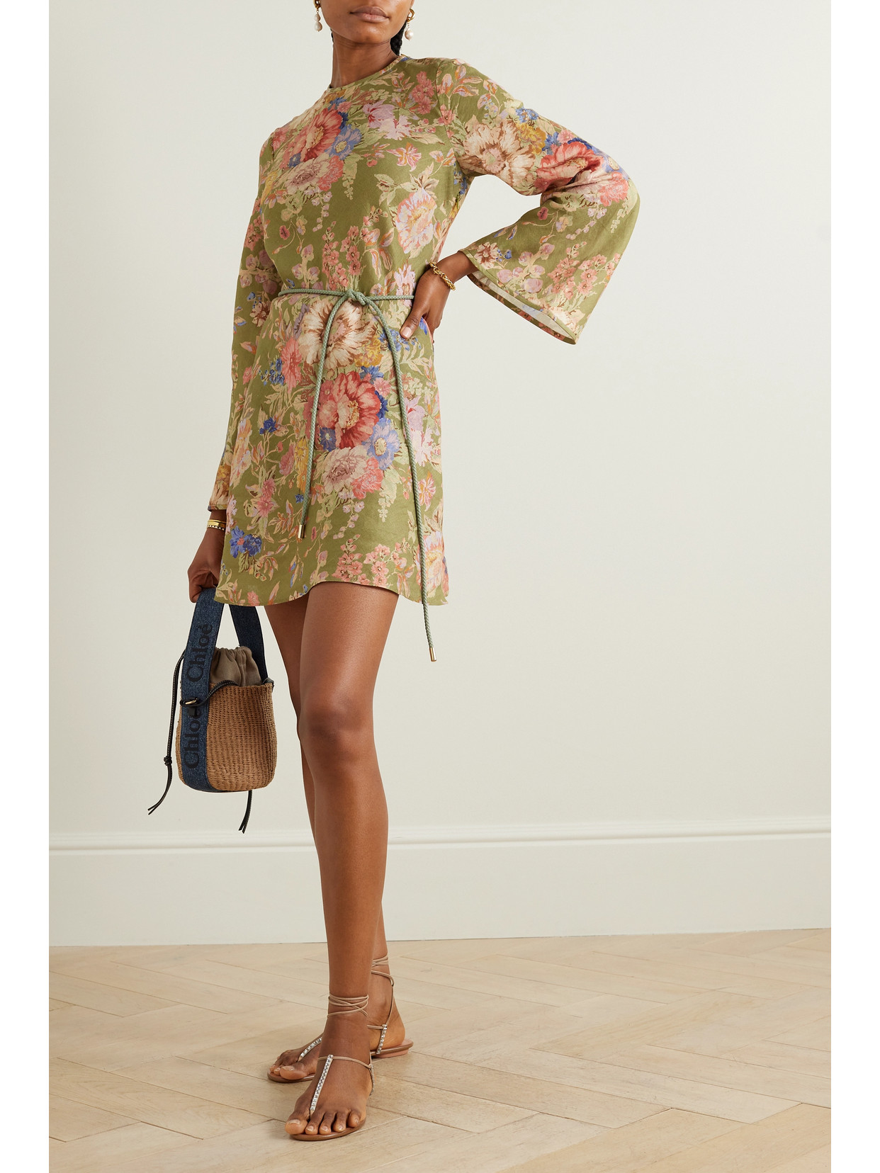 ZIMMERMANN + NET SUSTAIN AUGUST BELTED FLORAL-PRINT LINEN MINI DRESS