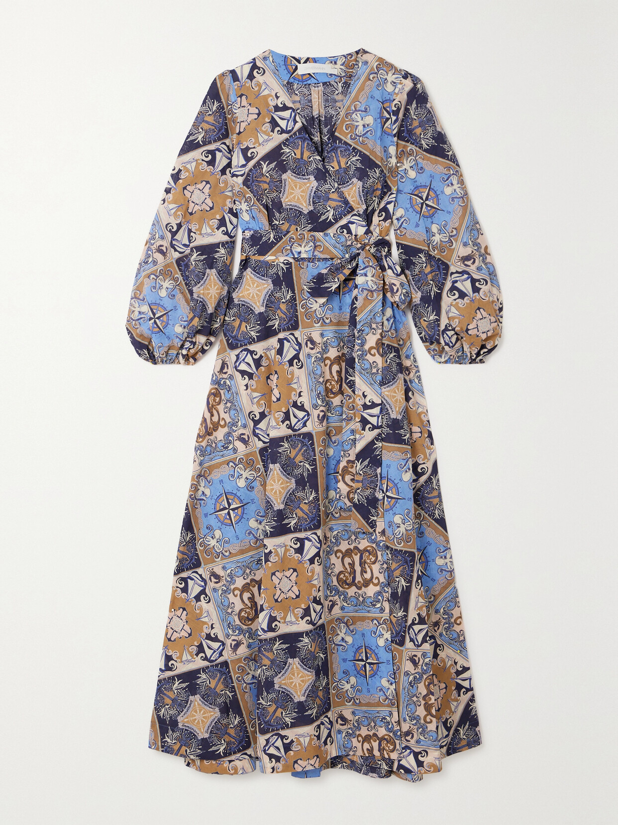 Zimmermann Alight Belted Printed Cotton Midi Wrap Dress In Blue