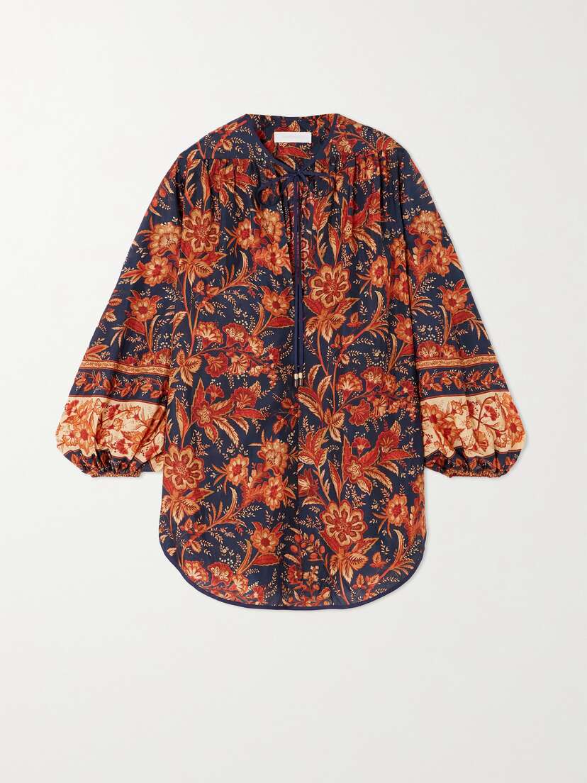 Zimmermann + Net Sustain Junie Tie-detailed Floral-print Organic Silk Blouse