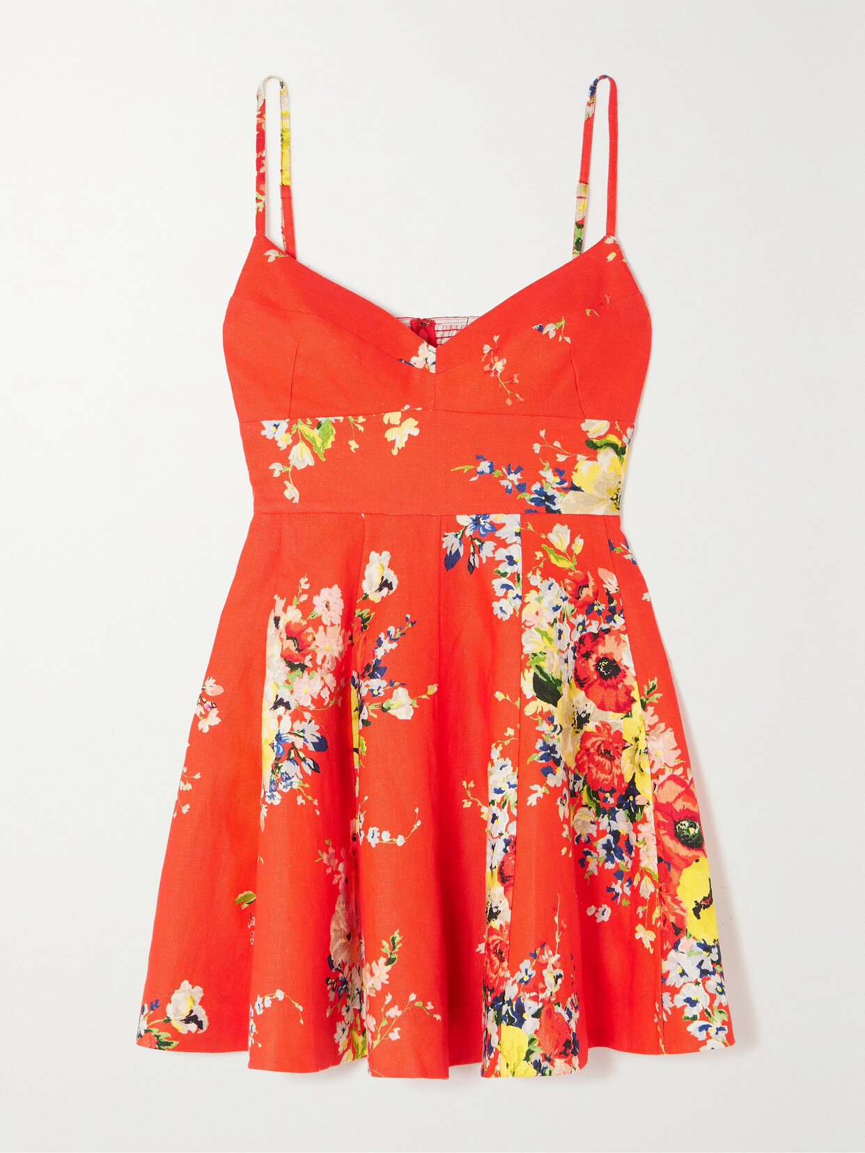 Zimmermann Alight Shirred Floral-print Linen Mini Dress In Red