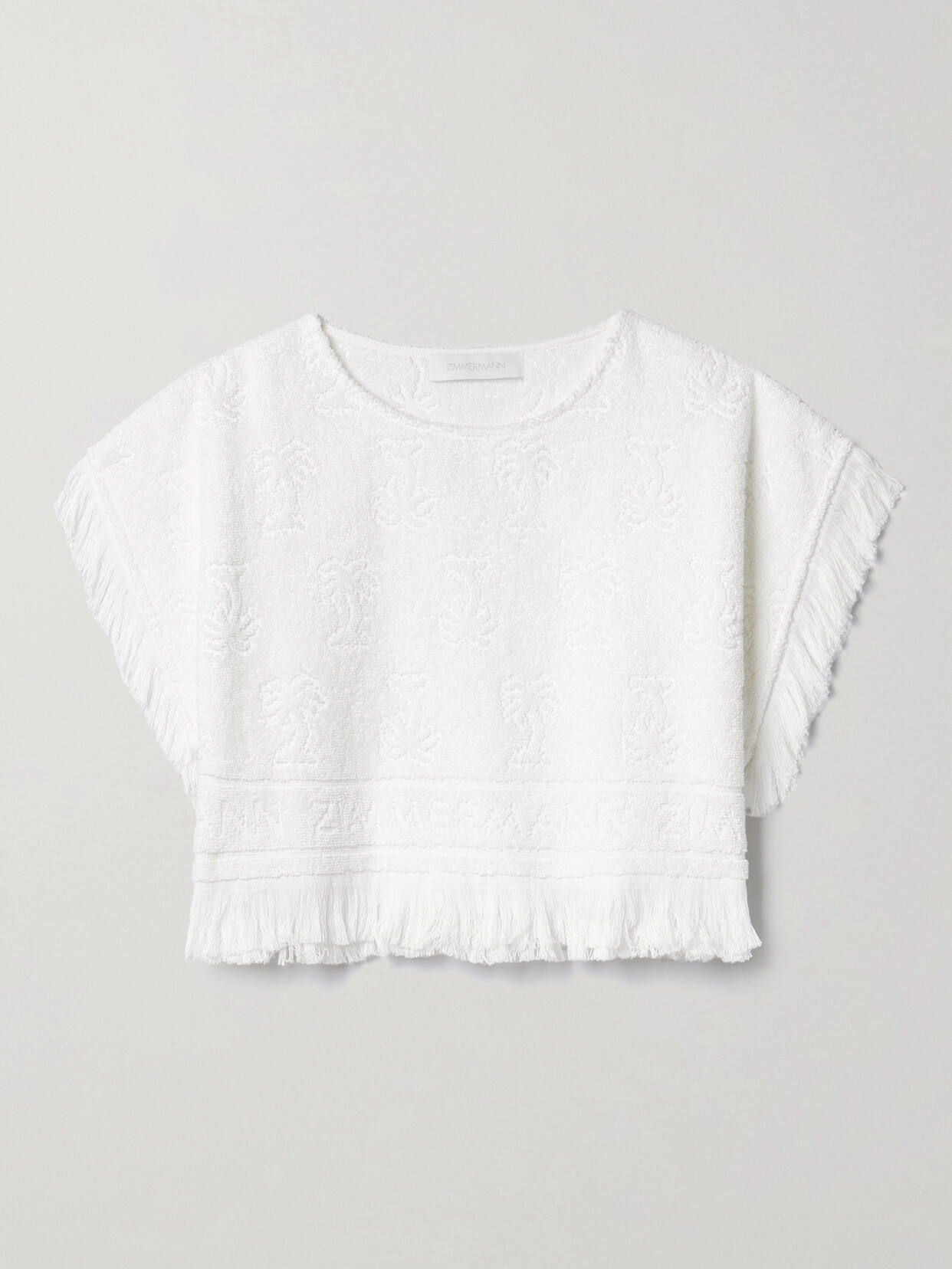 Zimmermann Alight Cropped Fringed Cotton-terry Jacquard Top In Ivory