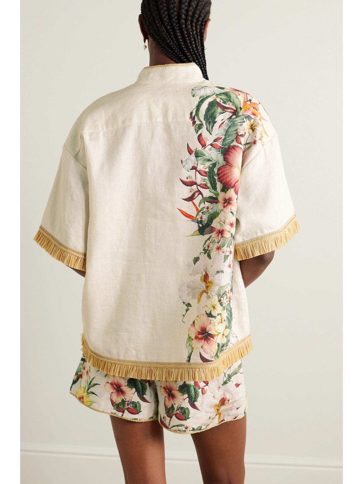 ZIMMERMANN + NET SUSTAIN LEXI RAFFIA-TRIMMED FLORAL-PRINT LINEN SHIRT 