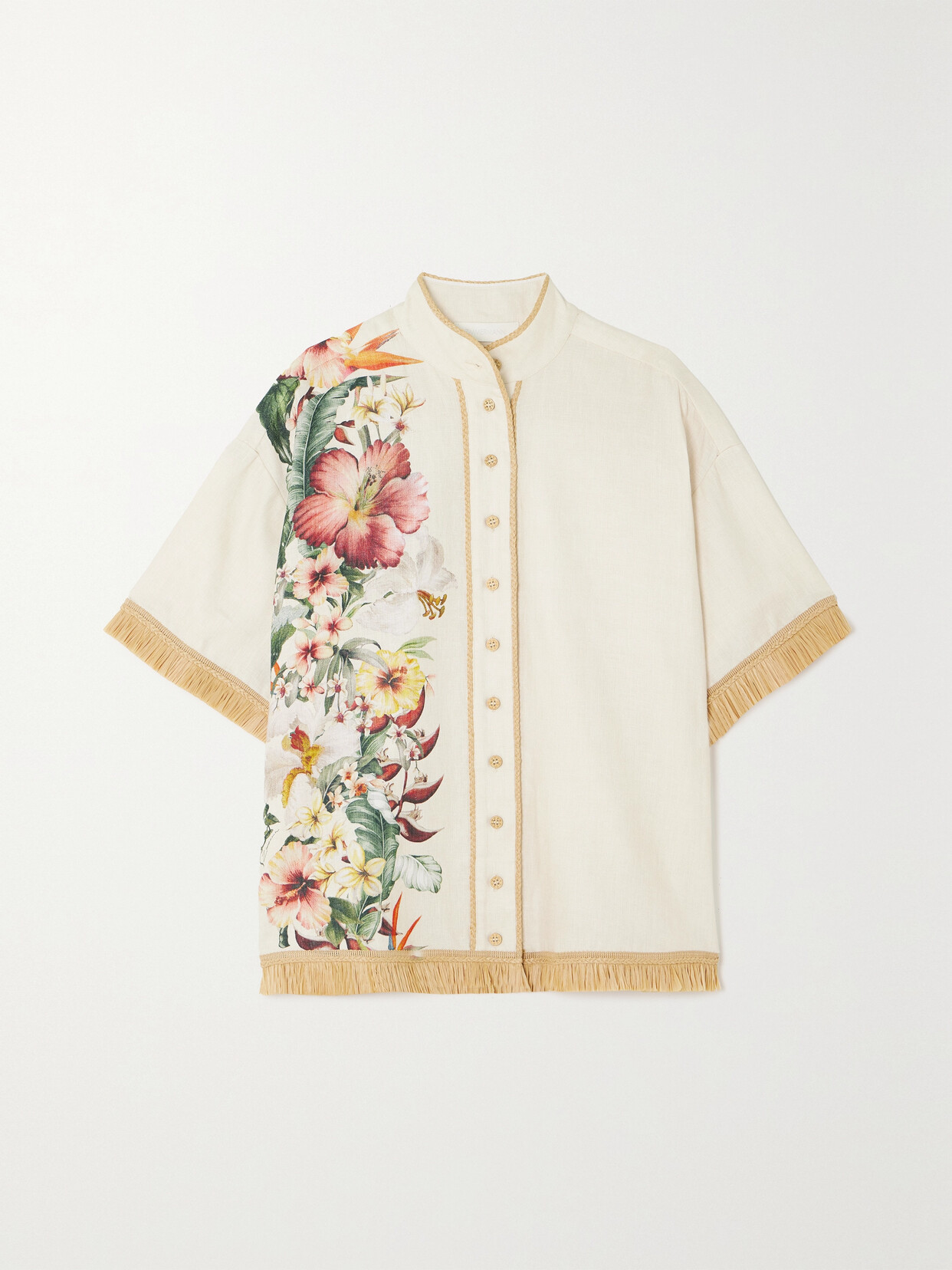 ZIMMERMANN + NET SUSTAIN LEXI RAFFIA-TRIMMED FLORAL-PRINT LINEN SHIRT 
