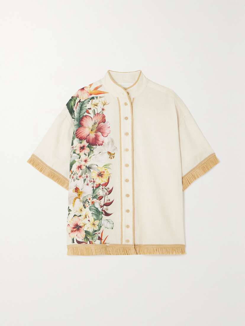 Zimmermann + Net Sustain Lexi Raffia-trimmed Floral-print Linen Shirt