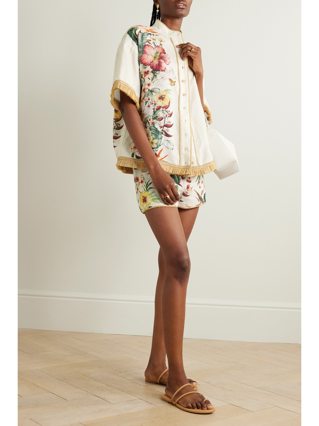 ZIMMERMANN + NET SUSTAIN LEXI RAFFIA-TRIMMED FLORAL-PRINT LINEN SHIRT 