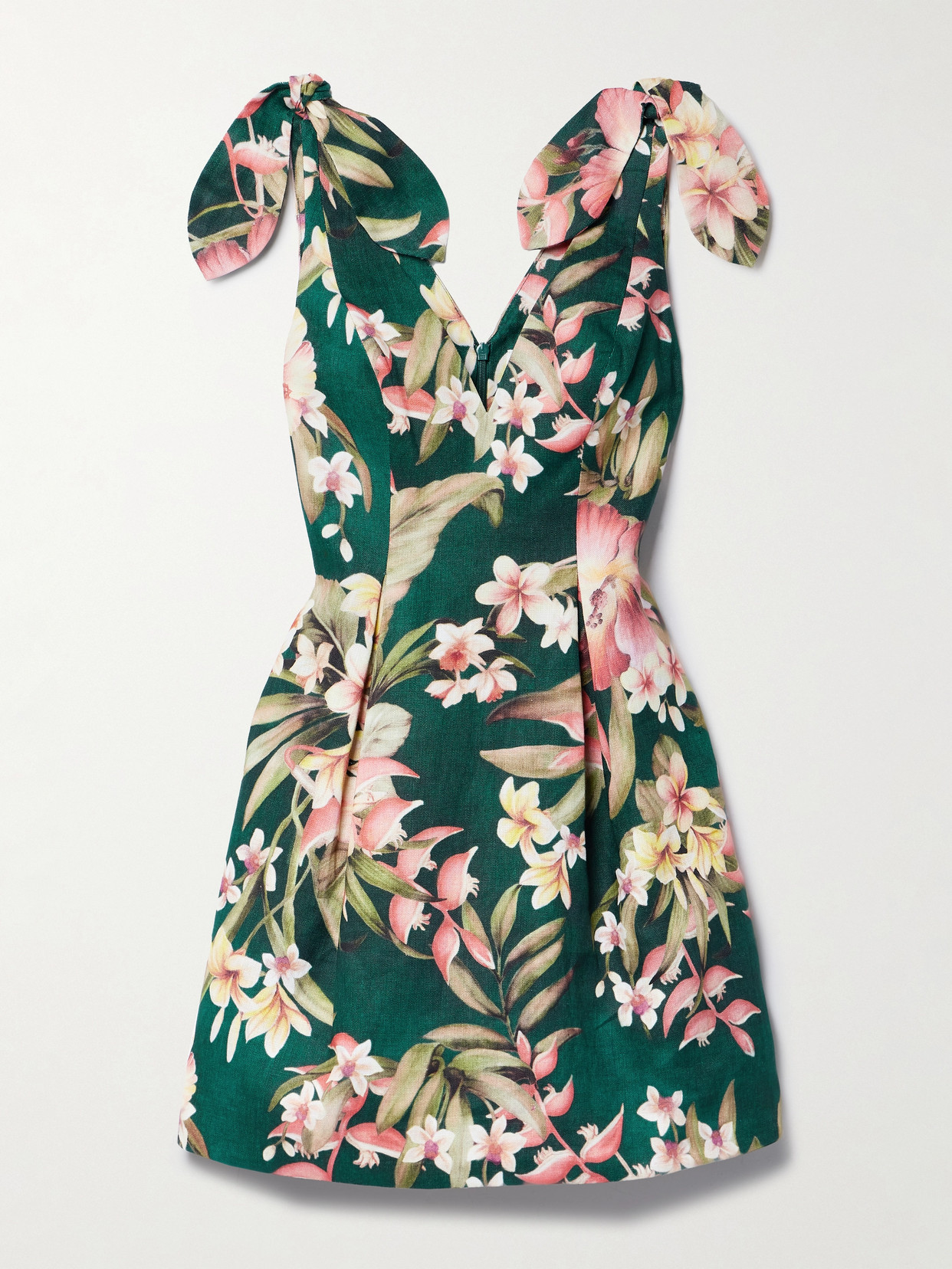 Zimmermann + Net Sustain Lexi Tie-detailed Floral-print Linen Mini Dress In Green