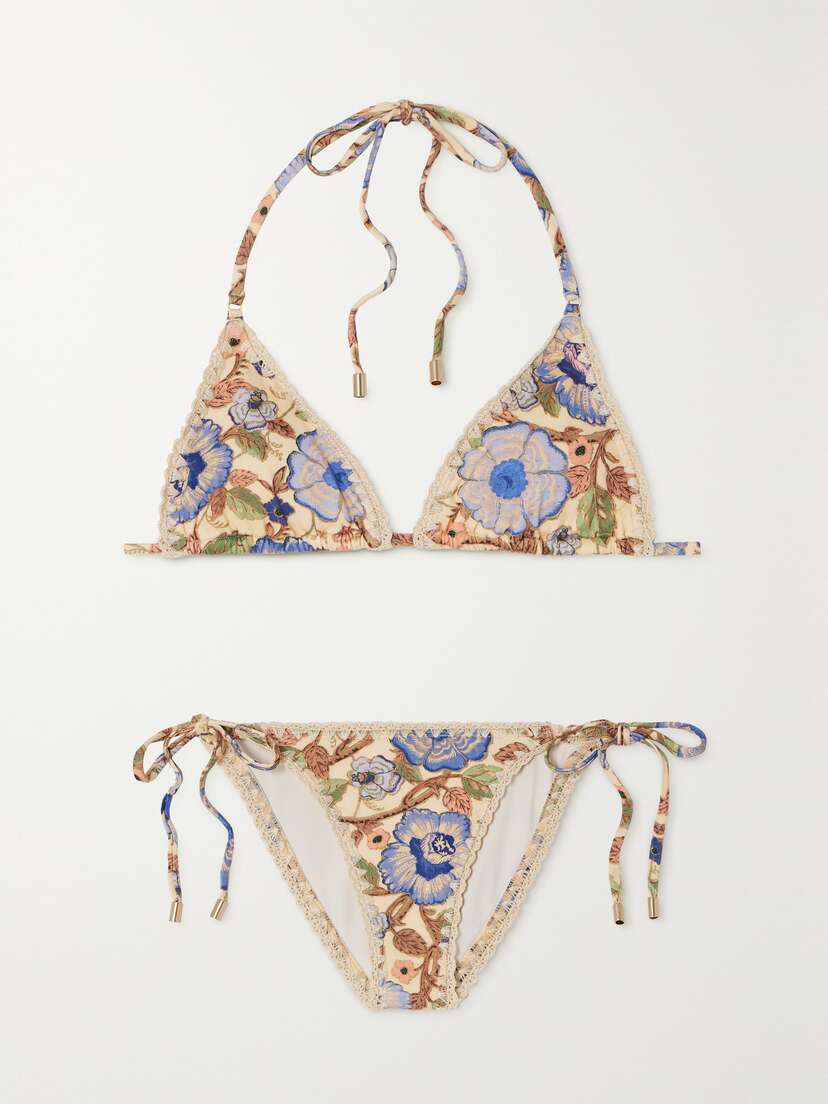 Zimmermann Junie Metallic Crochet-trimmed Floral-print Triangle Bikini