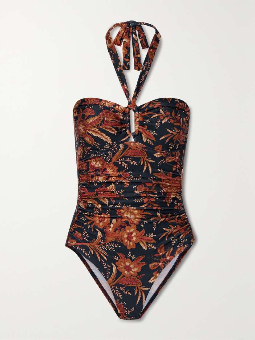 Zimmermann Junie Cutout Ruched Floral-print Swimsuit