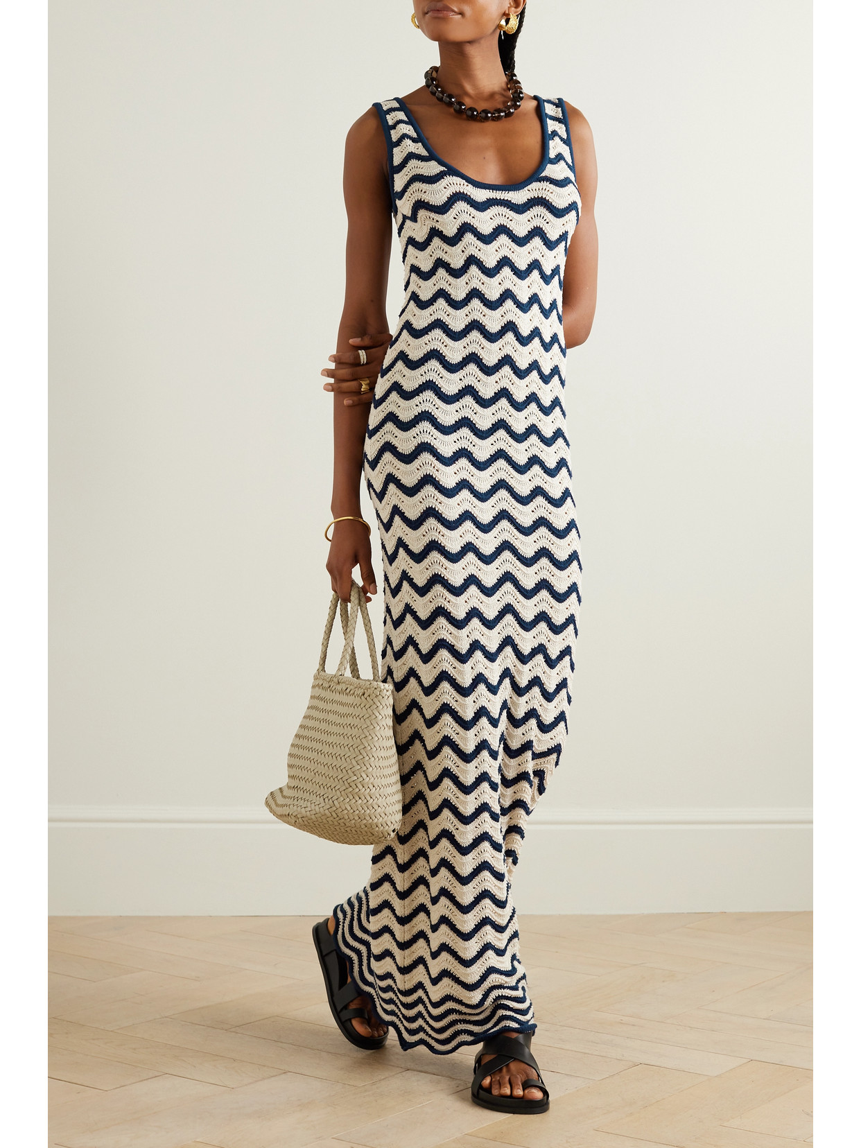 Shop Zimmermann Junie Striped Pointelle-knit Linen Maxi Dress In Blue