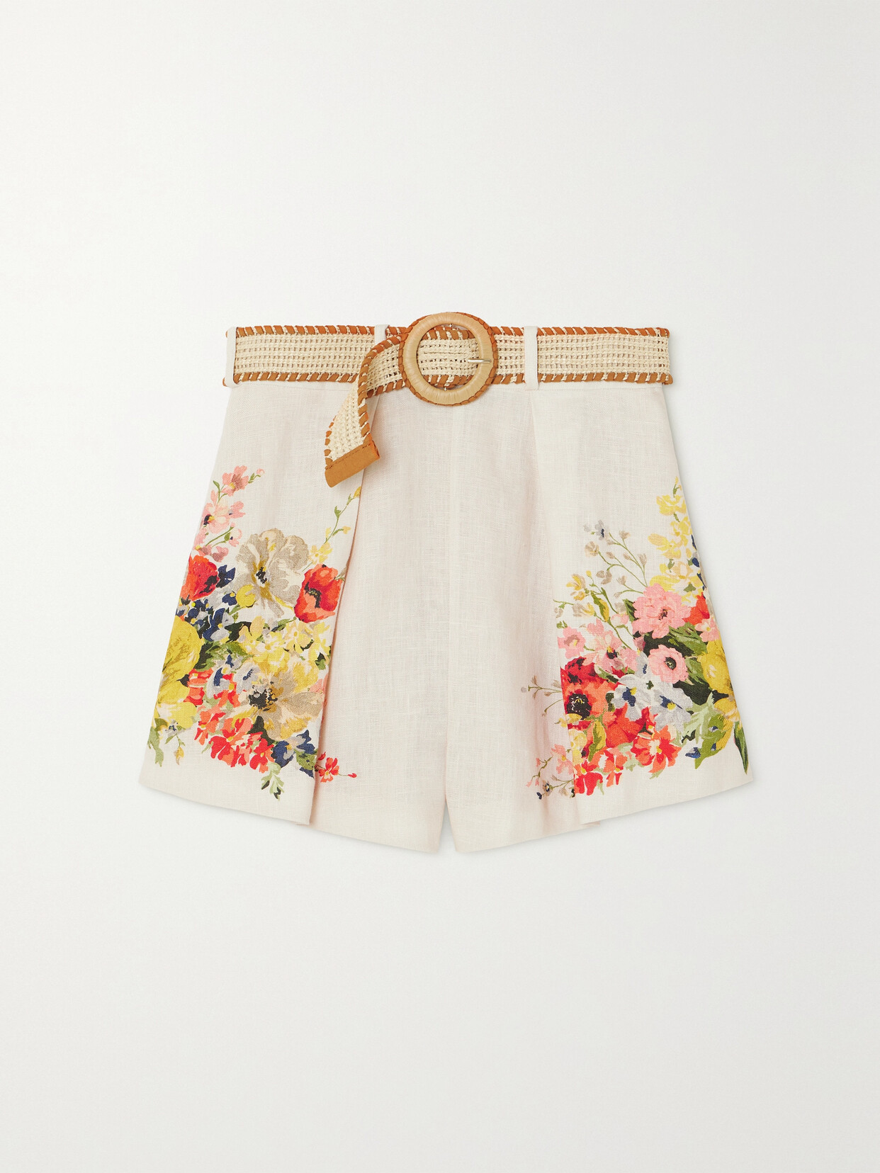 Shop Zimmermann + Net Sustain Alight Belted Pleated Floral-print Linen Shorts In Ivory