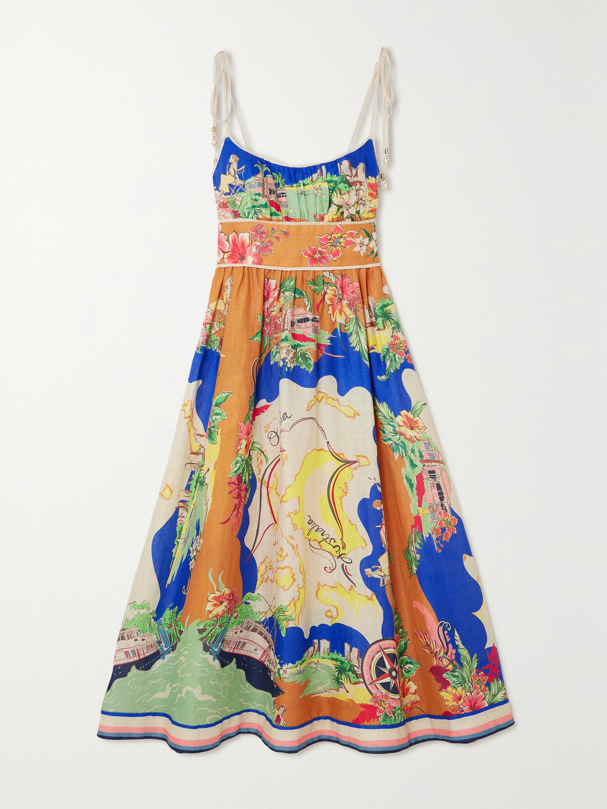 ZIMMERMANN + NET SUSTAIN ALIGHT GATHERED PRINTED LINEN MIDI DRESS