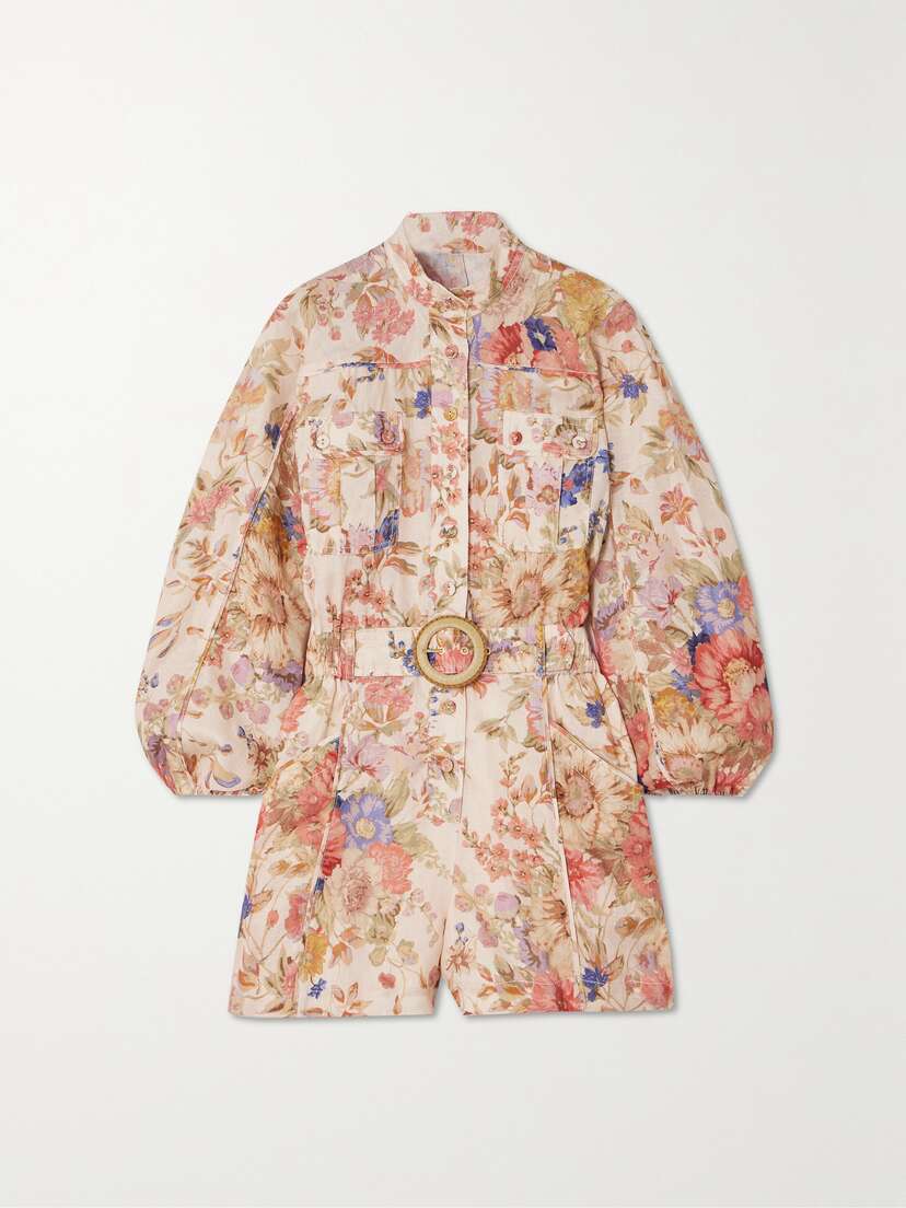Zimmermann + Net Sustain August Belted Floral-print Linen Playsuit