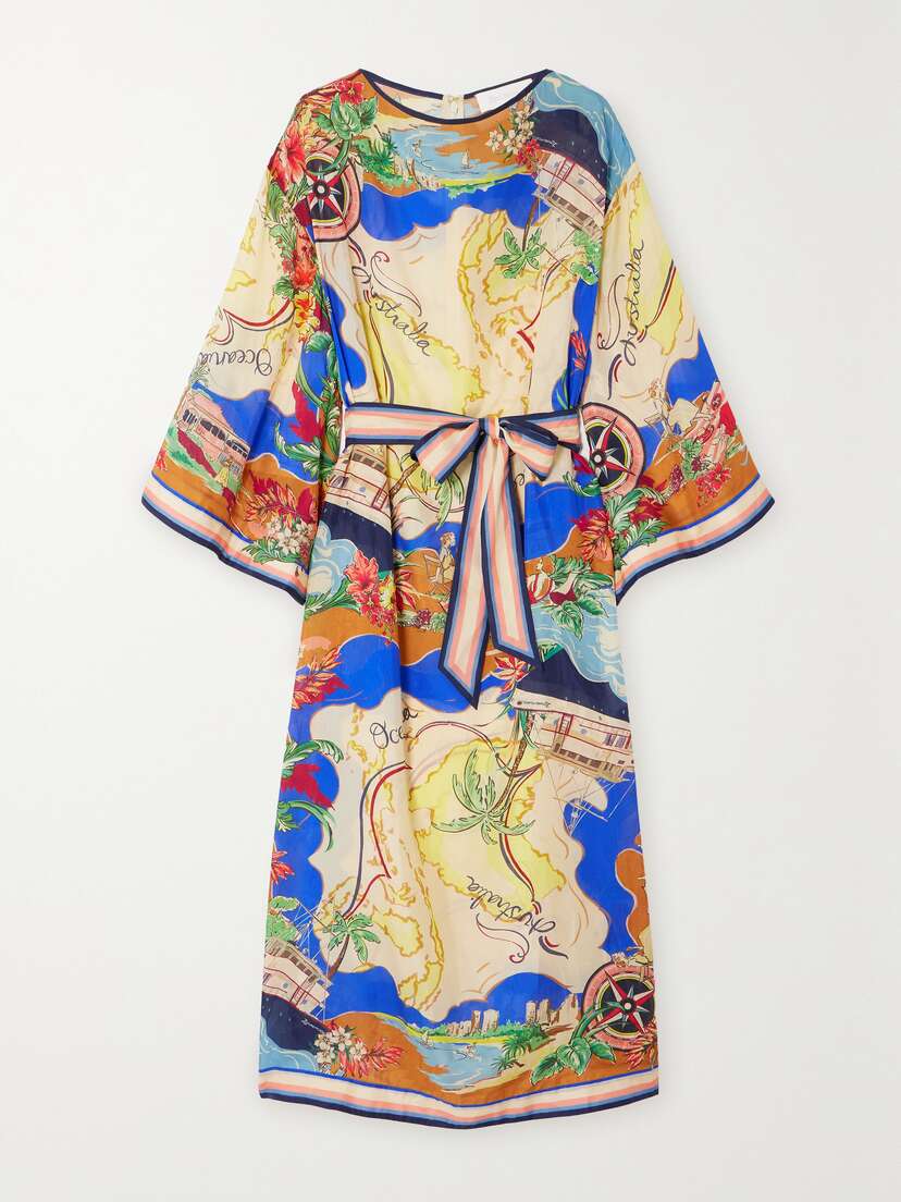 Zimmermann + Net Sustain Alight Belted Printed Organic Silk Midi Dress