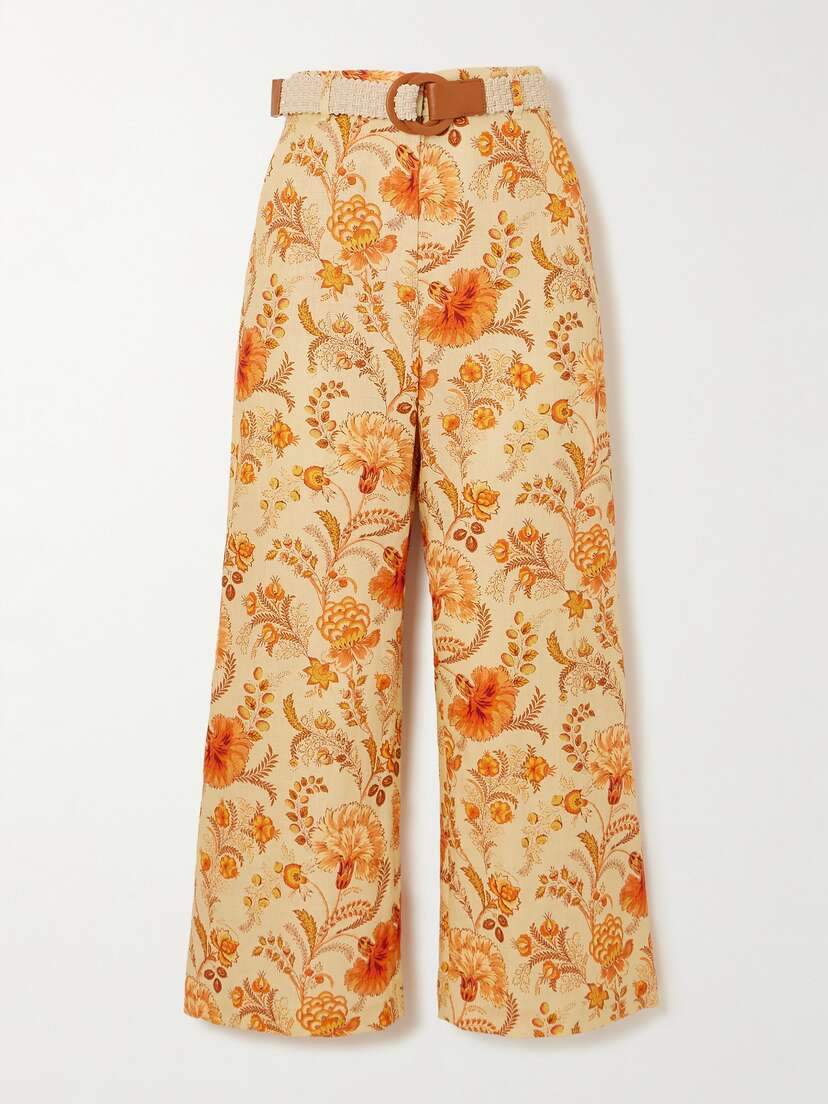 Zimmermann + Net Sustain Junie Belted Cropped Floral-print Linen Wide-leg Pants