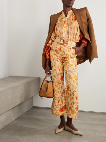 Zimmermann + NET SUSTAIN Junie belted cropped floral-print linen wide-leg pants