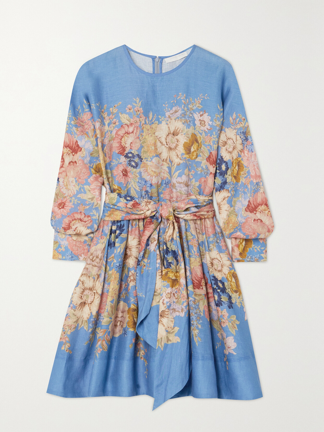 Zimmermann + Net Sustain August Belted Floral-print Linen Mini Dress - Blue