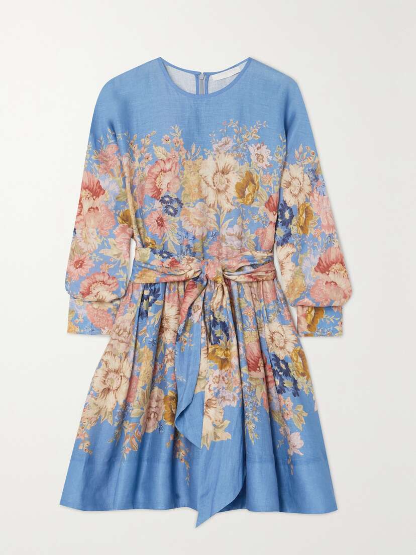 Zimmermann + Net Sustain August Belted Floral-print Linen Mini Dress