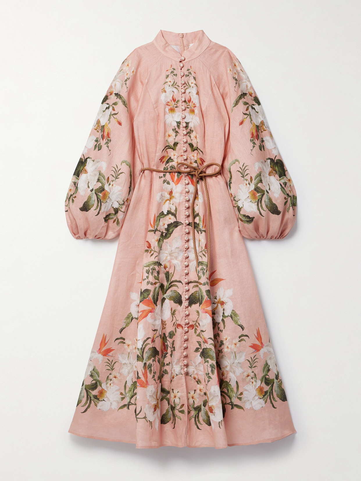 Zimmermann + Net Sustain Lexi Belted Floral-print Linen Midi Dress In Pink