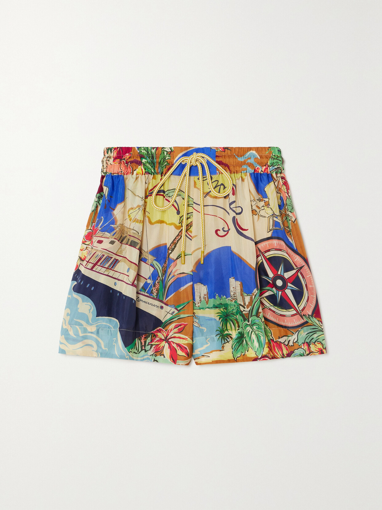 Shop Zimmermann + Net Sustain Alight Printed Organic Silk-satin Shorts In Blue