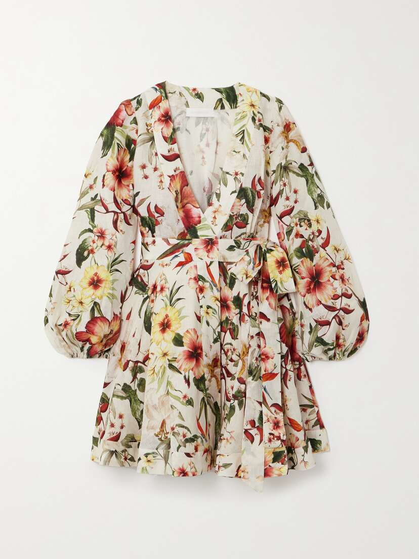 Zimmermann Lexi Belted Floral-print Linen Mini Wrap Dress
